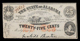 An obsolete Alabama 25 cent treasury note issued during the Civil War on January 1st, 1863 for sale by Brandywine General Store in crisp au condition with small corner bumps