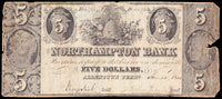 Obsolete money from the Northampton Bank in Allentown Pennsylvania for five dollars issued in 1842 for sale by Brandywine General Store in very good condition