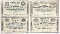 A set of four Alton New Hampshire obsolete change notes issued by Jones and Sawyer during the Civil War in 1862 for sale by Brandywine General Store