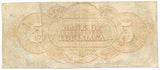 An obsolete five dollar civil war Forced Issue banknote issued by the Bank of Louisiana from New Orleans on May 22, 1862 for sale by Brandywine General Store reverse of note