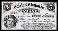 An obsolete five cents Harris and Chapman change note issued during the civil war in Boston Massachusetts on December 1, 1862 for sale by Brandywine General Store choice uncirculated