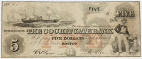 An obsolete five dollar banknote issued by the Cochituate Bank from Boston Massachusetts in 1852 for sale by Brandywine General Store in fine condition
