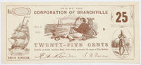 An obsolete twenty five cent bogus note issued on the Corporation of Branchville during the Civil War in 1861 for sale by Brandywine General Store in very fine plus condition
