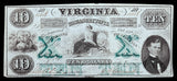 A ten dollar obsolete treasury note from the commonwealth of Virginia issued October 15, 1862 from the second issue of Bills issued by VA during the Civil War for sale by Brandywine General Store in extra fine condition