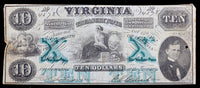 A ten dollar obsolete treasury note from the commonwealth of Virginia issued October 15, 1862 from the second issue of Bills issued by VA during the Civil War for sale by Brandywine General Store fine with faults