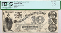 A ten dollar obsolete civil war treasury note issued by Virginia on October 15, 1861 from the scarcer 1st issue of Bills issued by VA for sale by Brandywine General Store graded by PCGS at Very Fine 35