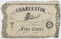 An obsolete five cent note issued by the city of Charleston, South Carolina during the Civil War in March 1862 for sale by Brandywine General Store in good condition