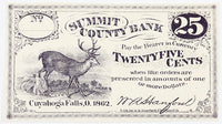 A twenty five cents obsolete change note made by W. A. Hanford thru the Summit County Bank at Cuyahoga Falls, Ohio during the Civil War in 1862 for sale by Brandywine General Store