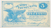 A five cents obsolete change note made by W. A. Hanford thru the Summit County Bank at Cuyahoga Falls, Ohio during the Civil War in 1862 for sale by Brandywine General Store in uncirculated condition