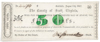 Fifty Cents obsolete civil war currency issued by the County of Scott from Estillville, now Gate City, VA in 1862 with the crossed guns vignette for sale by Brandywine General Store grading almost uncirculated