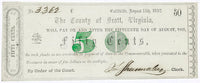 Fifty Cents obsolete civil war currency issued by the County of Scott from Estillville, now Gate City, VA in 1862 with the tree vignette for sale by Brandywine General Store grading extra fine