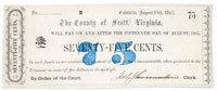 Seventy Five Cents obsolete civil war currency issued by the County of Scott from Estillville, now Gate City, VA in 1862 with the tree vignette for sale by Brandywine General Store in almost uncirculated condtion