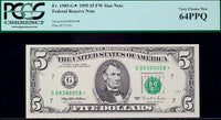 A series of 1995 FR #1985-G* five dollar federal reserve Star note from the Chicago District graded PCGS 64 PPQ for sale by Brandywine General Store