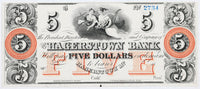 A five dollar obsolete banknote issued by the Hagerstown Bank in Maryland for sale by Brandywine General Store in choice almost uncirculated condition