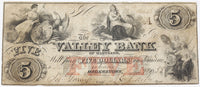 A five dollar obsolete banknote issued by the Valley Bank of Hagerstown Maryland in 1855 for sale by Brandywine General Store in fine condition