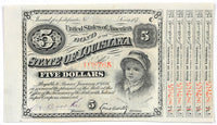 An obsolete five dollar baby bond issued by the state of Louisiana in 1870s during the Reconstruction era with five coupons on the side for sale by Brandywine General Store in choice almost uncirculated condition