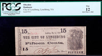 A fifteen cents civil war obsolete currency from the City of Lynchburg VA certified PCGS 12 Fine and dated May 1, 1862 for sale by Brandywine General Store