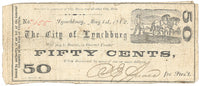A fifty cents civil war obsolete currency from the City of Lynchburg VA dated May 1, 1862 for sale by Brandywine General Store in very good condition