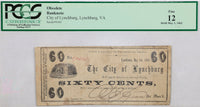 A sixty cents civil war obsolete currency from the City of Lynchburg VA certified PCGS 12 Fine and dated May 1, 1862 for sale by Brandywine General Store