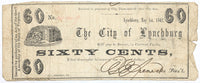A sixty cents civil war obsolete currency from the City of Lynchburg VA dated May 1, 1862 for sale by Brandywine General Store in very good condition