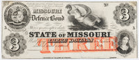 Obsolete three dollar Missouri Defence Bond printed during the Civil War by the Southern MO government while in exile for sale by Brandywine General Store in EF condition