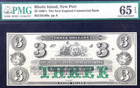 Three Dollar 1860s obsolete currency from the New England Commercial Bank in New Port Rhode Island certified PMG 65 EPQ for sale by Brandywine General Store
