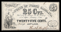An Obsolete North Carolina Civil War twenty five cents treasury change note issued January 1, 1863 for sale by Brandywine General Store  grading crisp choice AU