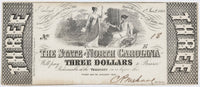An Obsolete North Carolina Civil War three dollar Treasury Note issued in 1863 during the Civil War for sale by Brandywine General Store with Serial #18