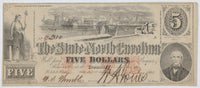 An Obsolete North Carolina Civil War five dollar treasury note issued 1863 from Raleigh NC for sale by Brandywine General Store in almost uncirculated condition