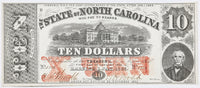 An Obsolete North Carolina Civil War ten dollar treasury note issued 1863 from Raleigh NC for sale by Brandywine General Store in almost uncirculated condition