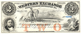 Two Dollar obsolete currency issued by the Bishop Hill Colony in the Nebraska Territory at Omaha City in 1857 for sale by Brandywine General Store in choice uncirculated condition
