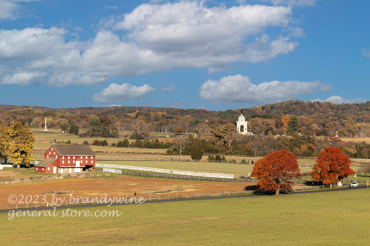An original premium quality art print of Pennsylvania Monument and Cemetery Hill from Longstreet Tower on Seminary Ridge for sale by Brandywine General Store