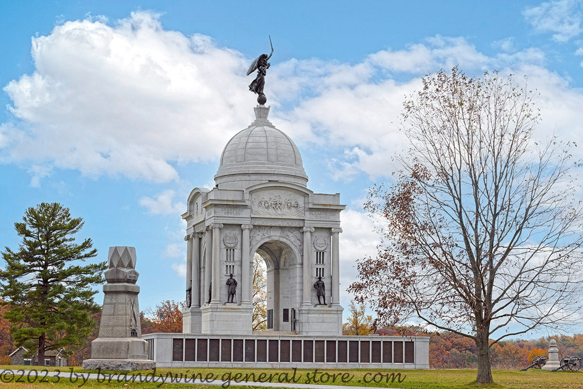 An original premium quality art print of Pennsylvania and 84th Infantry Monuments on Cemetery Ridge in Gettysburg Military Park for sale by Brandywine General Store