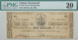 One Dollar obsolete money from the city of Portsmouth issued during the Civil War on October 29, 1862 and certified by PMG at Very Fine 20 for sale by Brandywine General Store