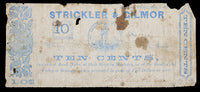 A very rare ten cent obsolete scrip issued from the store of Strickler and Gilmor in Monterey VA on October 1, 1861 for sale by Brandywine General Store very good condition