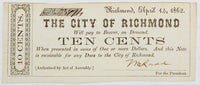 Ten cent obsolete scrip issued during the Civil War by the City of Richmond on April 14, 1862 for sale by Brandywine General Store