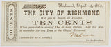 Ten cent obsolete scrip issued during the Civil War by the City of Richmond on April 14, 1862 for sale by Brandywine General Store