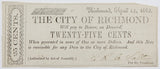 Twenty Five cents obsolete scrip issued during the Civil War by the City of Richmond on April 14, 1862 for sale by Brandywine General Store in uncirculated condition