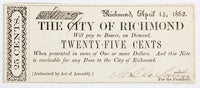 Twenty Five cents obsolete scrip issued during the Civil War by the City of Richmond on April 14, 1862 for sale by Brandywine General Store in choice uncirculated condition