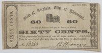 A sixty cents Richmond Obsolete change note issued April 14, 1862 for sale by Brandywine General Store