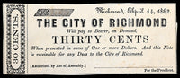 A thirty cents Richmond Obsolete Civil War change note issued April 14, 1862 for sale by Brandywine General Store extra fine