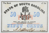 An obsolete fifty cents currency issued by the Bank of the State of South Carolina during the Civil War in 1863 for sale by Brandywine General Store in uncirculated condition