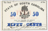An obsolete fifty cents note issued by The Bank of the State of South Carolina during the Civil War in 1863 in choice xf condition