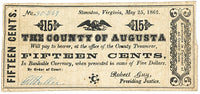 Obsolete currency issued by the County of Augusta from Staunton Virginia in the amount of fifteen cents on May 25, 1862 for sale by Brandywine General Store in fine condition