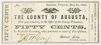 Obsolete currency issued by the County of Augusta from Staunton Virginia in the amount of fifty cents on May 25, 1862 for sale by Brandywine General Store in fine condition