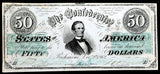 A T-50 Jefferson Davis fifty dollar obsolete civil war treasury bill issued by the southern Central Government in 1862 for sale by Brandywine General Store extra fine condition