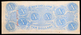 A T-59 obsolete civil war ten dollar SC Capitol Building treasury note issued by the Southern Central Government in 1863 reverse of bill