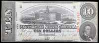 A T-59 obsolete civil war ten dollar SC Capitol Building treasury note issued by the Southern Central Government in 1863 for sale by Brandywine General Store in very fine plus condition