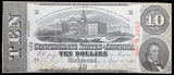 A T-59 obsolete civil war ten dollar SC Capitol Building treasury note issued by the Southern Central Government in 1863 for sale by Brandywine General Store in very fine plus condition