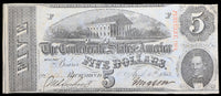 A T-60 obsolete southern five dollar civil war treasury bill issued from Richmond VA in 1863 for sale by Brandywine General Store in AU condition